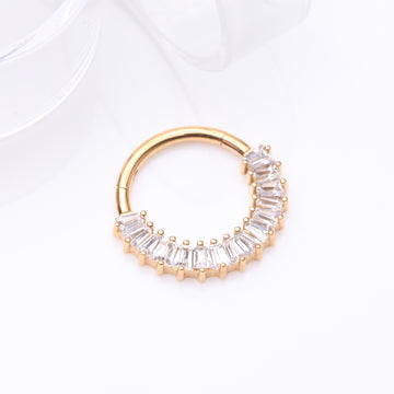 Detail View 1 of Implant Grade Titanium Golden Pave Baguette Sparkle Clicker Hoop Ring-Clear Gem